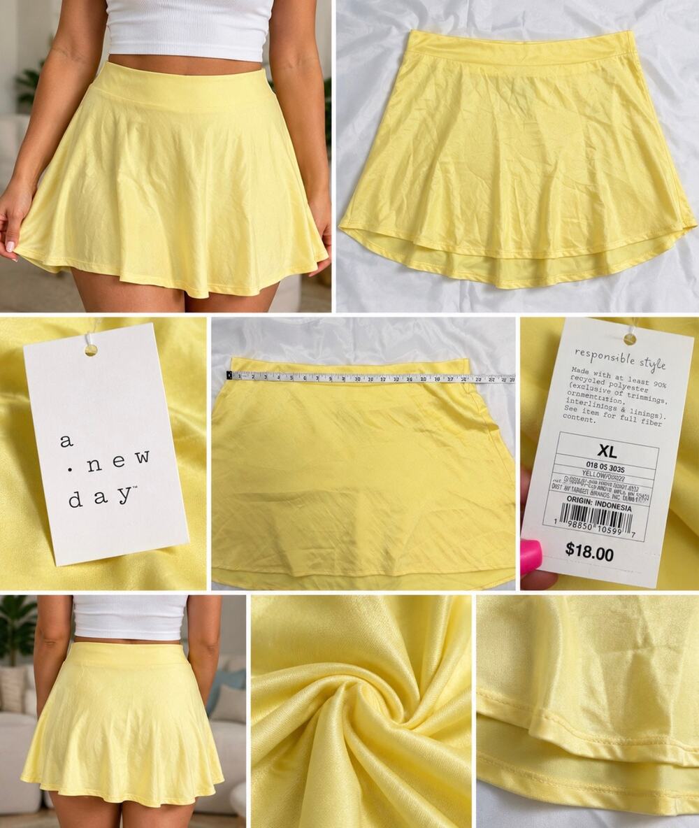 A New Day Yellow Satin Mini Skirt XL Elastic Waist A-Line NWT Target